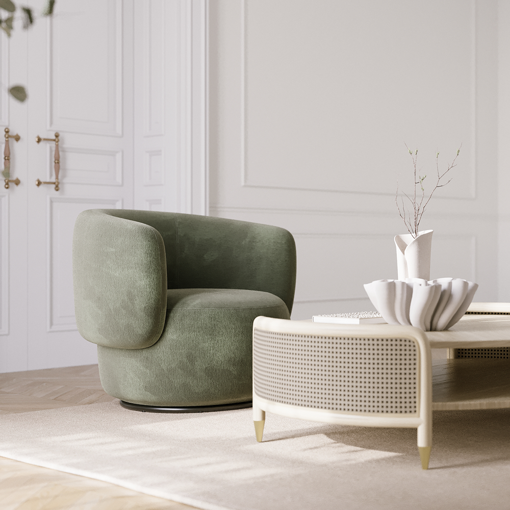 Der Olivefarbenem Drehsessel DABORGO aus Chenille in einer Wohnumgebung. Mit bequemer Sitzfläche und Rückenlehne.