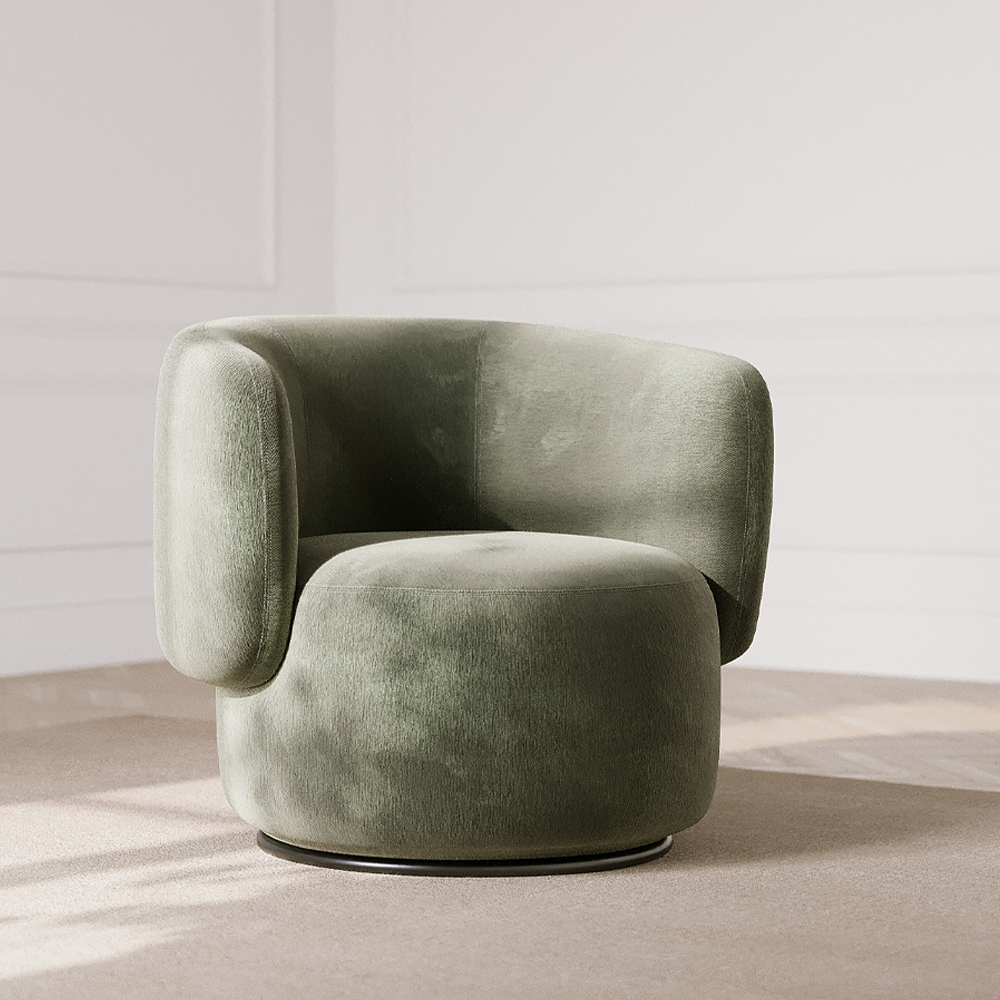 Frontansicht des drehbaren Drehsessels DABORGO mit Olivefarbenem  aus Chenille. Mit bequemer Sitzfläche und Rückenlehne.