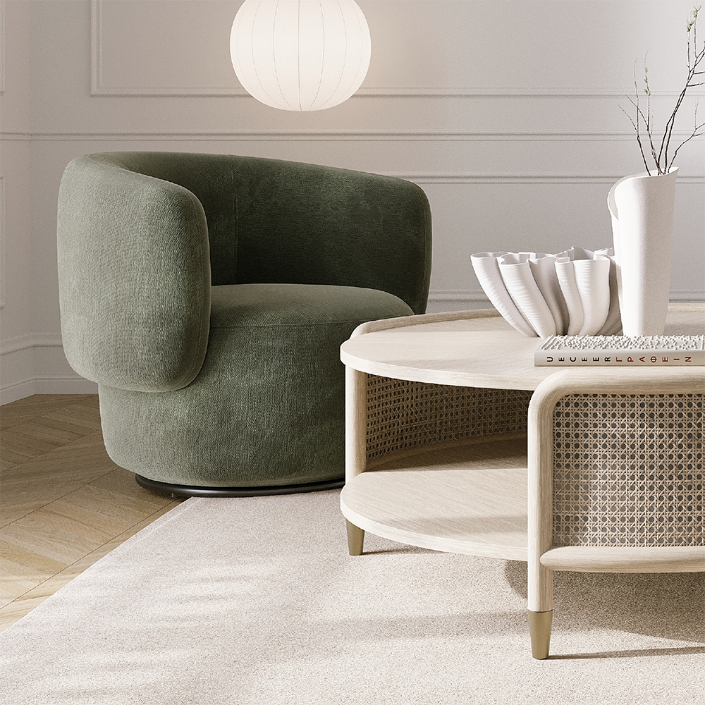 Perspektivische Ansicht des drehbaren Olivefarbenem Drehsessels DABORGO aus Chenille. Mit bequemer Sitzfläche und Rückenlehne.